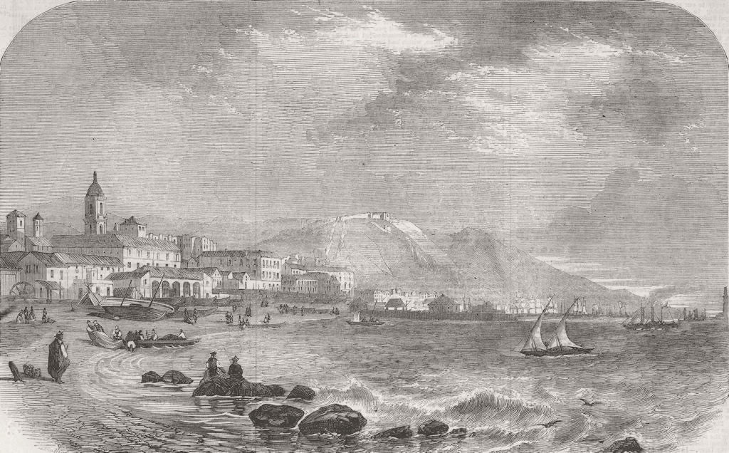 SPAIN. View of the port of Malaga 1860 old antique vintage print picture
